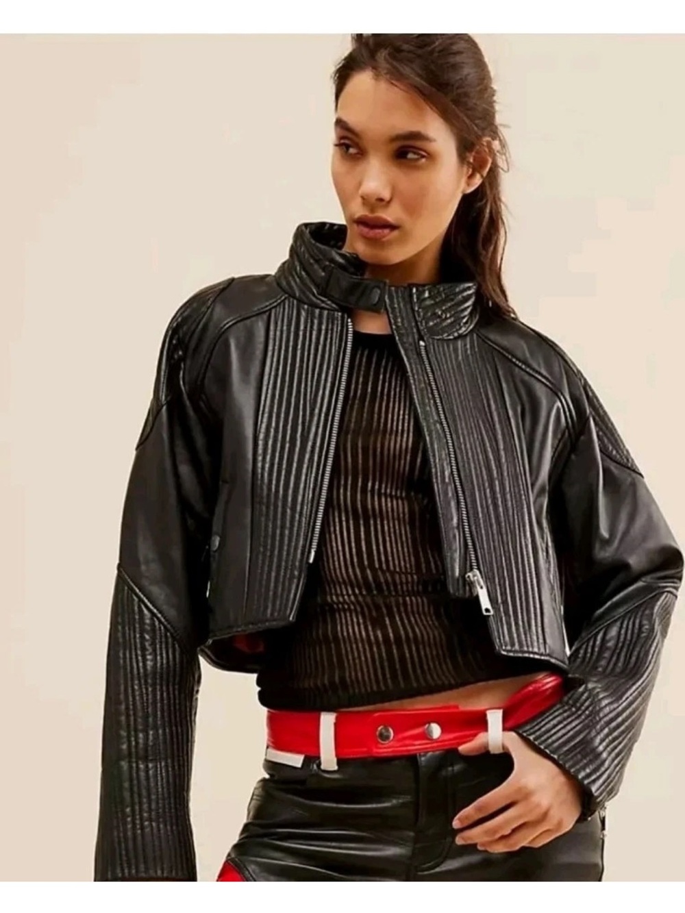 NWOT Free People Trixie Lambskin Leather Motto Jacket! L